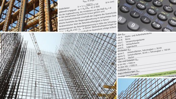MicroFe - Eingabehilfen und Berechnungsoptionen Titel der MicroFe - Eingabehilfen und Berechnungsoptionen. Zu sehen ist eine Collage aus Tragwerken und Berechnungen.
