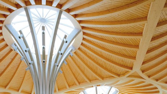 Produktbroschüre BauStatik - Holzbau Titel der Produktbroschüre BauStatik - Holzbau. Zu sehen ist eine Holzdecke.