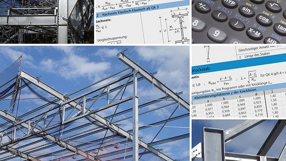 Titel der Produktbroschüre EuroSta.stahl - Eingabehilfe und Berechnungsoptionen. Zu sehen ist eine Collage aus Stabtragwerken aus Stahl und Berechnungen.