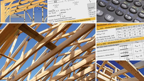 Titel der Produktbroschüre EuroSta.holz - Eingabehilfe und Berechnungsoptionen. Zu sehen ist eine Collage aus Stabtragwerken aus Holz und Berechnungen.