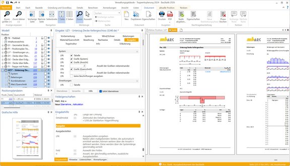 BauStatik | Die Dokument-orientierte Statik Programmoberfläche der BauStatik. Zu sehen sind verschiedene Bereiche zur Navigation und Eingabe sowie eine zweiseitige Vorschau der zu erstellenden Statikberechnung.
