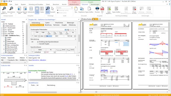 Programmoberfläche der BauStatik mit verschiedenen Bereichen zur Navigation und Eingabe sowie einer zweiseitigen Statikvorschau.