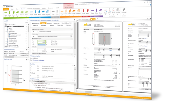 Programmoberfläche der BauStatik mit Eingabefenstern und Ansicht einer Statikberechnung