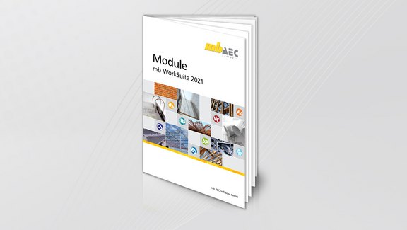 Die Broschüre Module - mb WorkSuite 2021 von oben fotografiert auf einem hellgrauen Hintergrund.