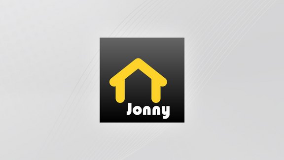 Das Jonny-Logo besteht aus einem dunkelgrauen Quadrat mit einem gelben Haus und dem weißen Schriftzug "Jonny". Hier ist es auf einem rechteckigen grauem Hintergrund abgebildet.