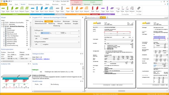 Programmoberfläche BauStatik. Gezeigt wird die Eingabe eines Verbunddurchlauf-Trägers mit dem CoStruc-Modul C300.de und die dazugehörigen Ausgaben.