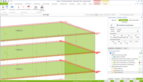 Programmoberfläche des StrukturEditors. Zu sehen ist das Strukturmodell mit wesentlichen Lastannahmen.
