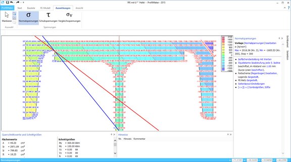 Screenshot der Programmoberfläche des ProfilMakers. Darstellung eine T-Träger-Querschnitts mit Querschnittswerten, Schnittgrößen und Isolinien.
