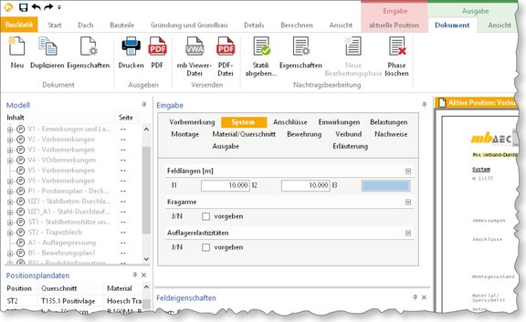 Programmoberfläche der BauStatik. Gezeigt wird das Fenster "Eingabe".