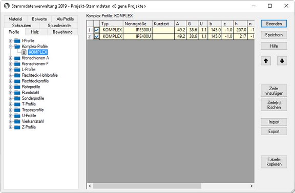 Dialogfenster der Stammdatenverwaltung des ProfilMakers zur Verwaltung der Profile und Materialwerte in den mb-Stammdaten.