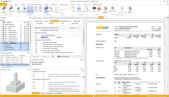 BauStatik | Lastabtrag und Übernahme mit Korrekturverfolgung Programmoberfläche der BauStatik. Zu sehen ist die Eingabe und die Berechung einer Firstpfette.
