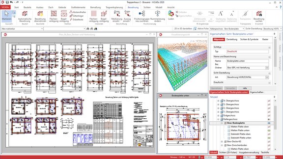Programmoberfläche von ViCADo.ing. In verschiedenen Fenstern werden ein Gebäudemodell, der Bewehrungsplan einer Decke und ein Bewehrungsmodell gezeigt.