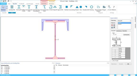 Programmoberfläche ProfilMaker. Darstellung des Querschnitts eines T-Trägers