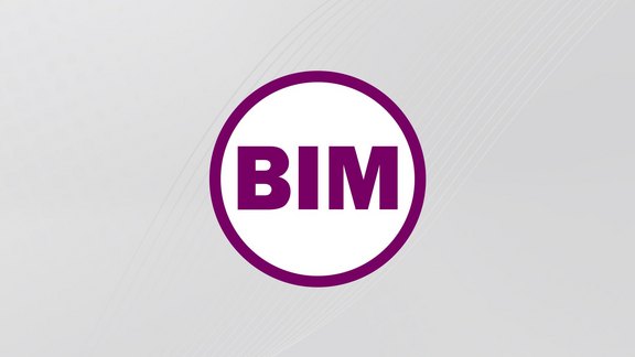 BIMwork Logo - weißer Kreis mit lila Kontur und den lila Buchstaben BIM. Hier ist es auf einem rechteckigen grauem Hintergrund abgebildet.