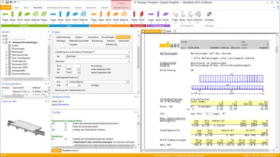 Programmoberfläche BauStatik. Gezeigt wird die Eingabe der Belastungen und die dazugehörige Ausgabe.