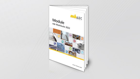 Die Broschüre Module - mb WorkSuite 2022 von oben fotografiert auf einem hellgrauen Hintergrund.