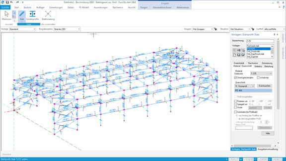 Programmoberfläche von EuroSta.stahl mit einem FE-Modell einer Halle.