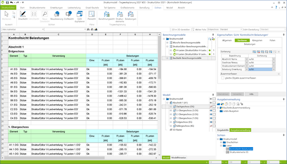 Programmoberfläche des StrukturEditors. Zu sehen ist eine Listensicht mit der Auswertung der Belastungen.