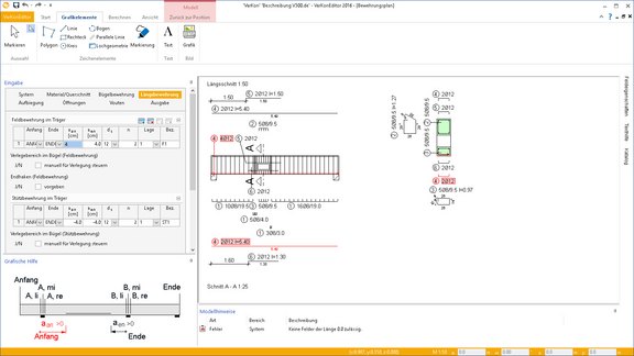 Programmoberfläche von VarKon. Zu sehen sind die Eingabe einer Längsbewehrung, die Grafische Hilfe und eine Schnittsicht.