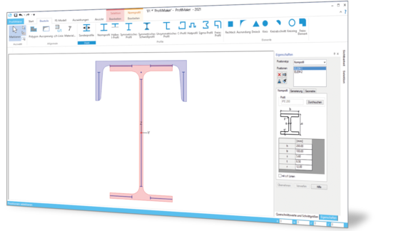 Abbildung des Profil-Querschnitts eines T-Trägers in der Programmoberfläche des ProfilMaker.