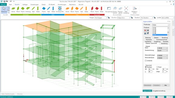 Programmoberfläche von MicroFe mit einem mehrgeschossigen FE-Modell.