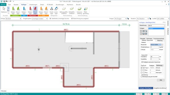Prgrammoberfläche von MicroFe. Zu sehen ist ein Plattentragwerk mit selektiertem Wandlager und der im Vorlage-Fenster gewählten Vorlage "Wandlager (Mw)".